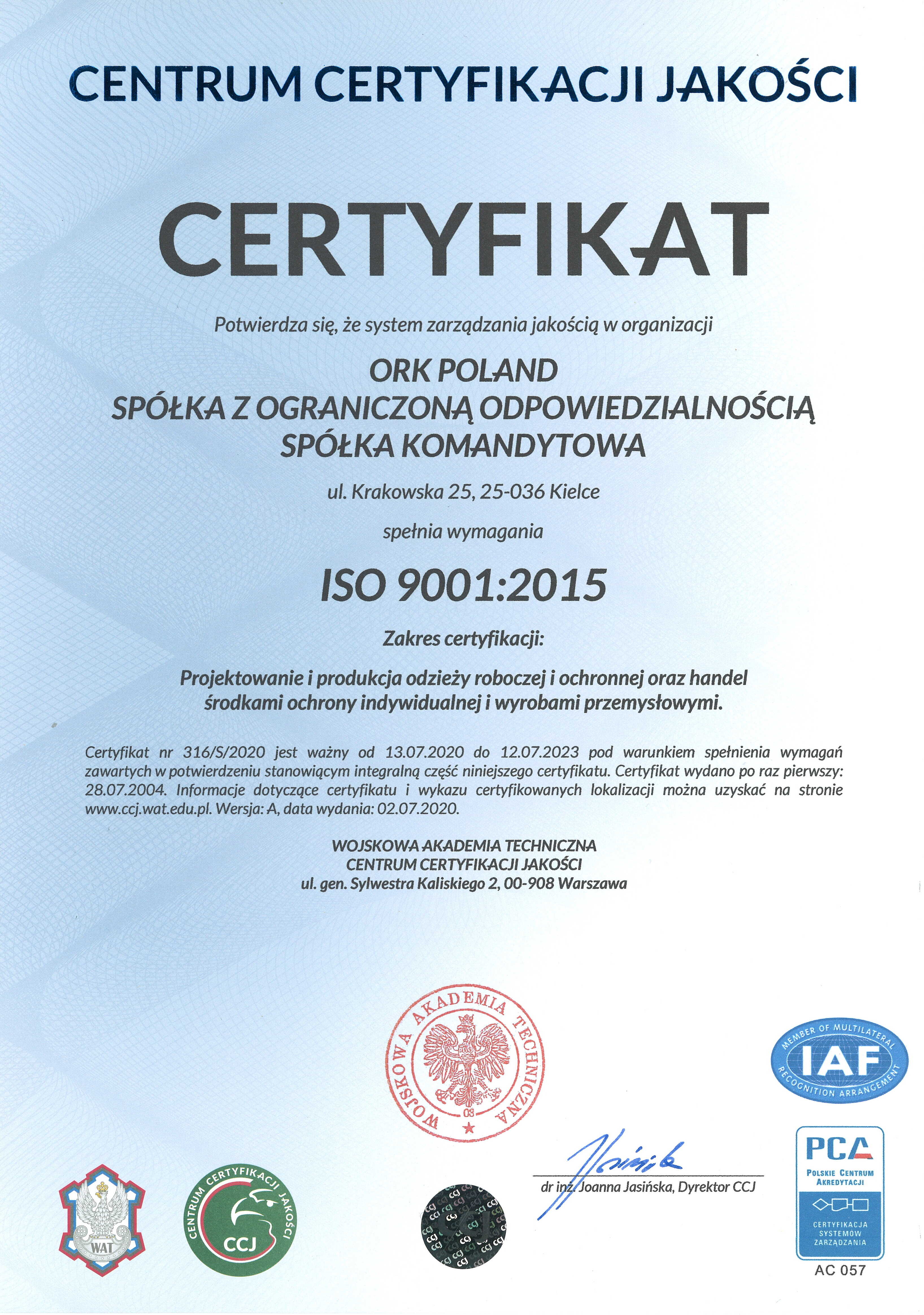 Certyfikat ISO 9001:2015 - ORK POLAND